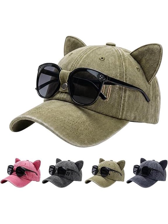 Y2K Cat Ear Hat with Detachable Sunglasses - Vintage Washed Baseball Cap with Pilot Glasses - Unisex Adjustable Streetwear for Festival & Beach