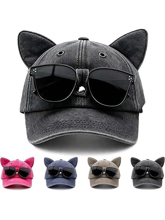 Y2K Cat Ear Hat with Detachable Sunglasses - Vintage Washed Baseball Cap with Pilot Glasses - Unisex Adjustable Streetwear for Festival & Beach