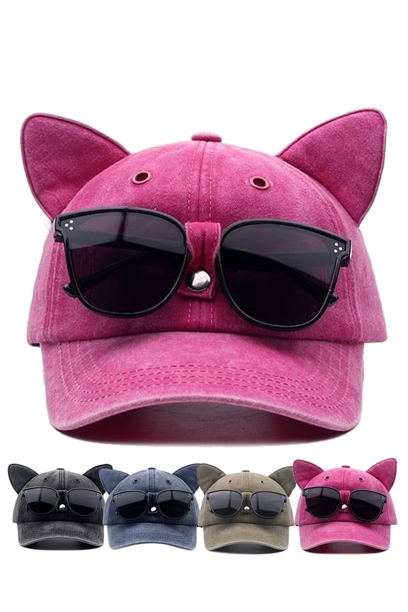 Y2K Cat Ear Trucker Hat with Detachable Sunglasses Vintage | Adjustable Vintage Washed Baseball Cap Pilot Style, Cute Cat Ear Aviator, Street Hip-hop Cap with Built-in Glasses for Women