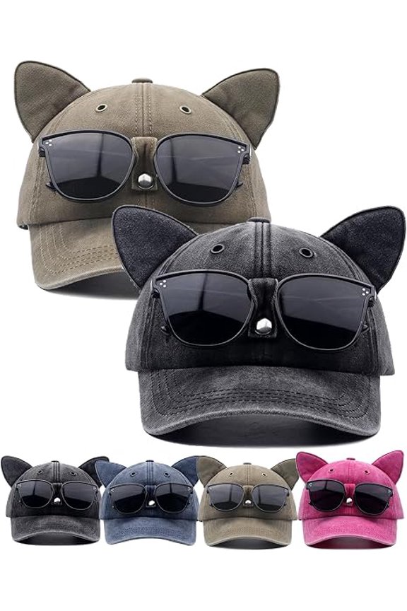 Y2K Cat Ear Trucker Hat with Detachable Sunglasses, Vintage Washed Baseball Cap Pilot Style, Adjustable Snapback Street Hip-hop Cap with Built-in Glasses for Women Men Outdoor Festival (E, 2Pcs)