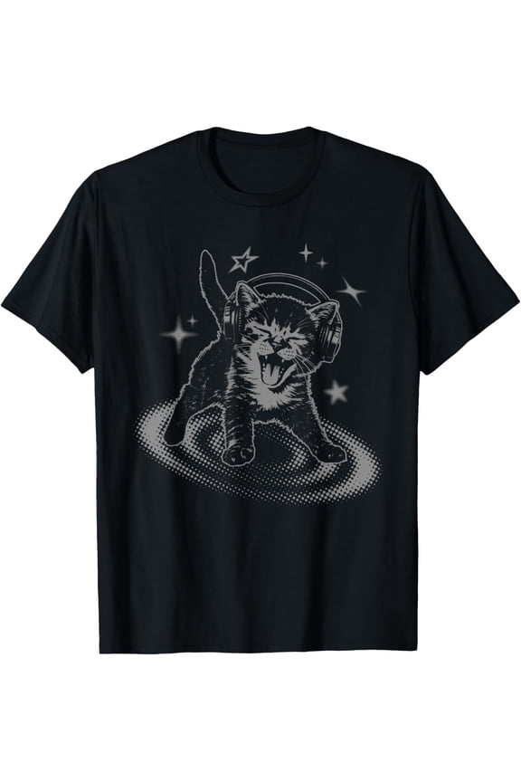 Y2K Cat Headphones Stars Silly 90s Grunge Vintage Graphic T-Shirt- Classic Unisex 100% Cotton Crew Neck T-Shirt Breathable Casual Everyday Wear Affordable Graphic Soft t shirt Cheap t shirts
