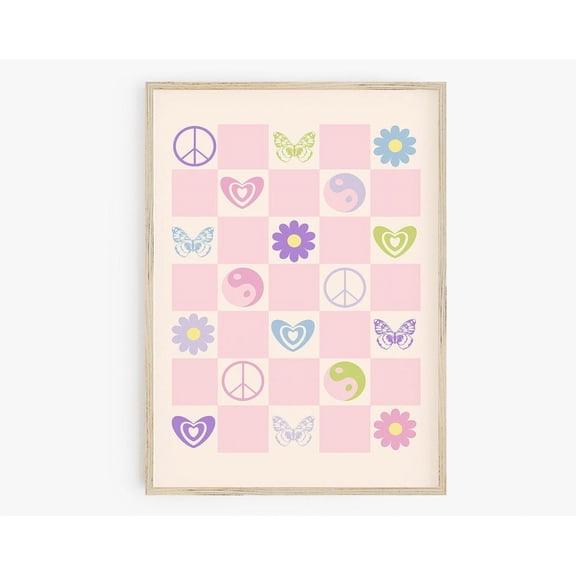 Y2K Checkerboard Print, Peace Sign Flowers Poster Print, Retro Checkers Poster, Y2K Poster Danish Pastel Decor 90S Aesthetic Dorm Room Decor Wall Art, Modern Wall Decor, 8x12 UNFRAMED
