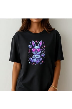 Y2K Chrome Bunny Shirt Retro Cyber Rabbit With Pixel Heart Glasses Cute 2000s Aesthetic Vaporwave Glitter Kawaii Graphic Tee