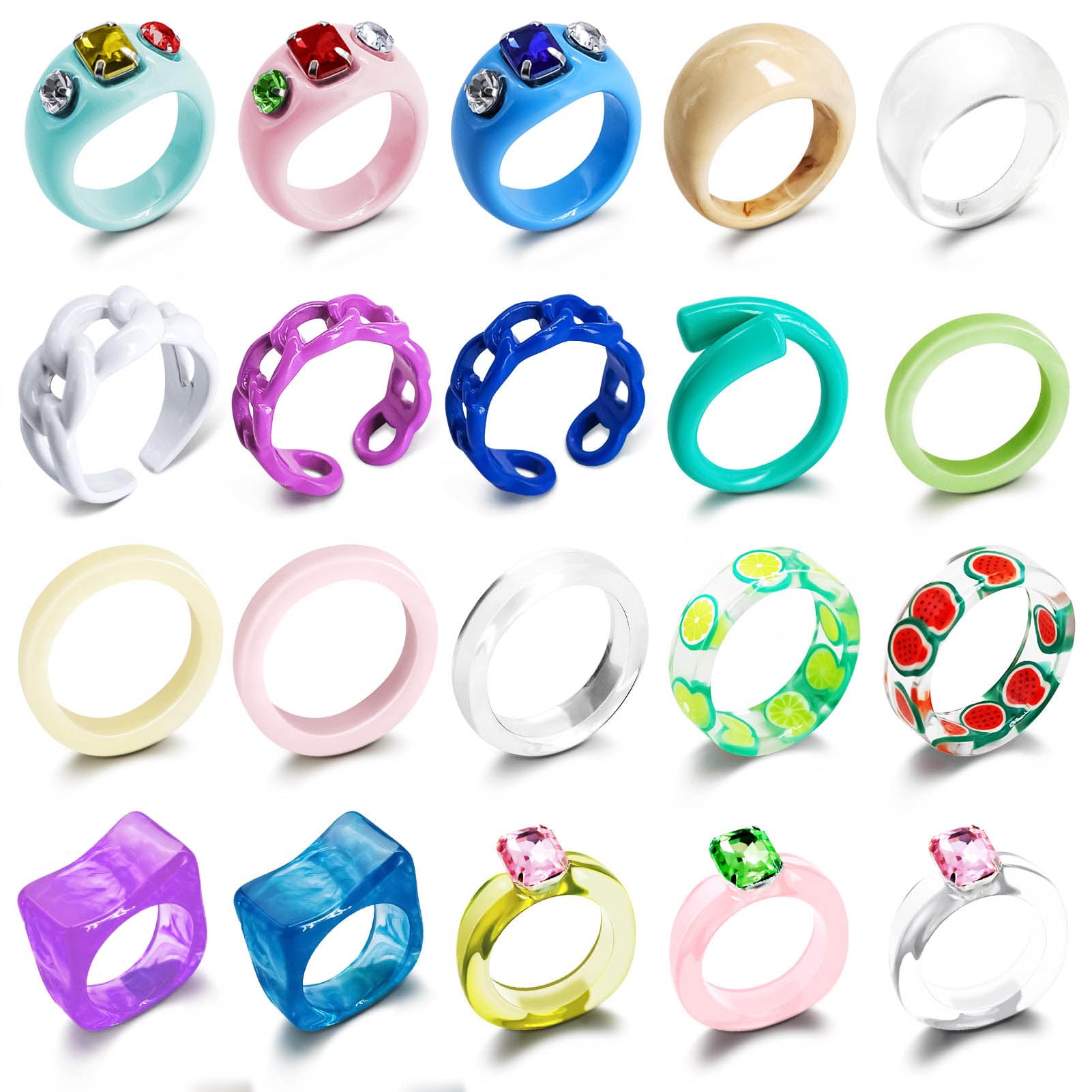 Y2K Chunky Rings for Women, Kucheed 20PCS Colorful Resin Acrylic Ring ...