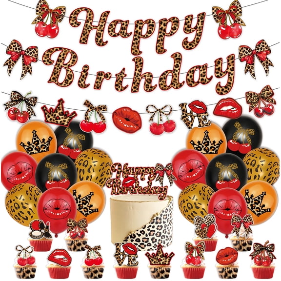 Y2K Coquette Leopard Birthday Decor Set, Cherry Bow Red Lips Banner Balloon Cake Cupcake Topper, Retro Cheetah Print Party Supplies for Girls Women Birthday
