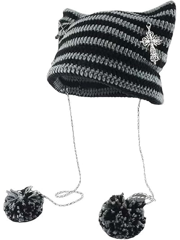 Y2K Crochet Knit Cat Beanie Hat Gothic Cross Devil Style Winter Warm Knitted Hat