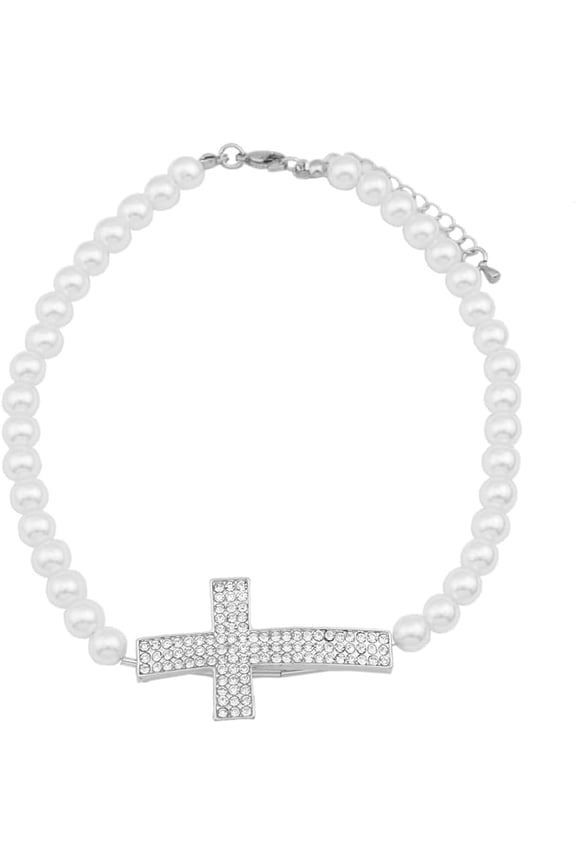Y2K Cross Pearl Choker Necklace Cubic Zirconia Crystal Pendant Collar Chain for Women Vintage Punk Bridal Jewelry Baddie Aesthetic Wedding Party Prom Accessory Fashion Statement Necklace