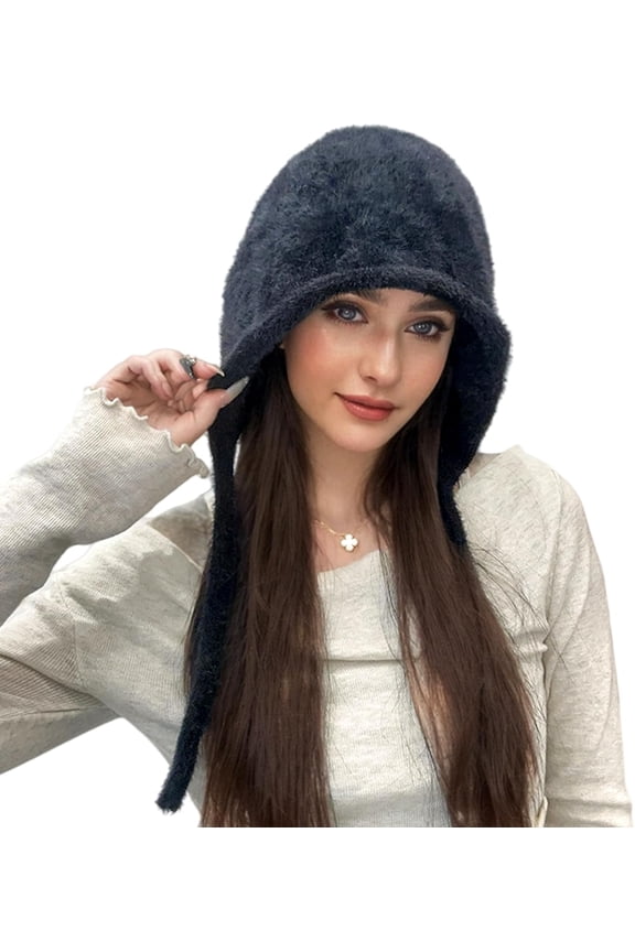 Y2K Cute Fluffy Beanie Hats for Women Girls Warm Faux Fur Winter Earflap Hat Tie Pullover Hat