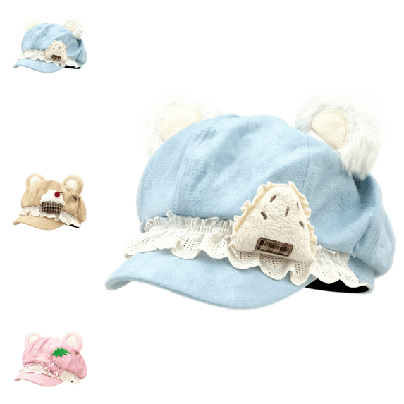 Y2K Cutecore Kawaii Bear Ears Beret Hat, 3 Styles Hats for Women,Octagonal Newsboy Cap,Sweet Lolita Style,Polyester Suede‑Like with Lace Ruffle & 3D Food Decor,2000S Accessories-Blue