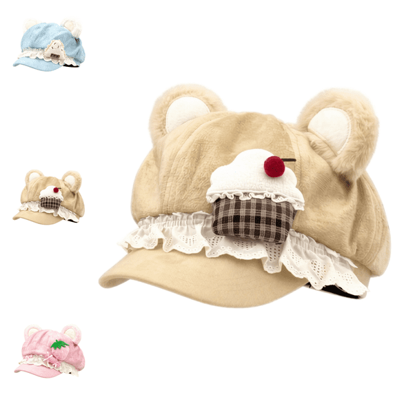 Y2K Cutecore Kawaii Bear Ears Beret Hat, 3 Styles Hats for Women,Octagonal Newsboy Cap,Sweet Lolita Style,Polyester Suede‑Like with Lace Ruffle & 3D Food Decor,2000S Accessories-Khaki