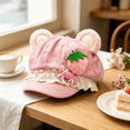 thumbnail image 1 of Y2K Cutecore Kawaii Bear Ears Newsboy Beret Hat, Hats for Women,Octagonal Plush Cap,Sweet Lolita Style,Polyester Suede‑Like with Lace Ruffle,3D Food Decor,2000S Clothes Accessories-Pink, 1 of 4