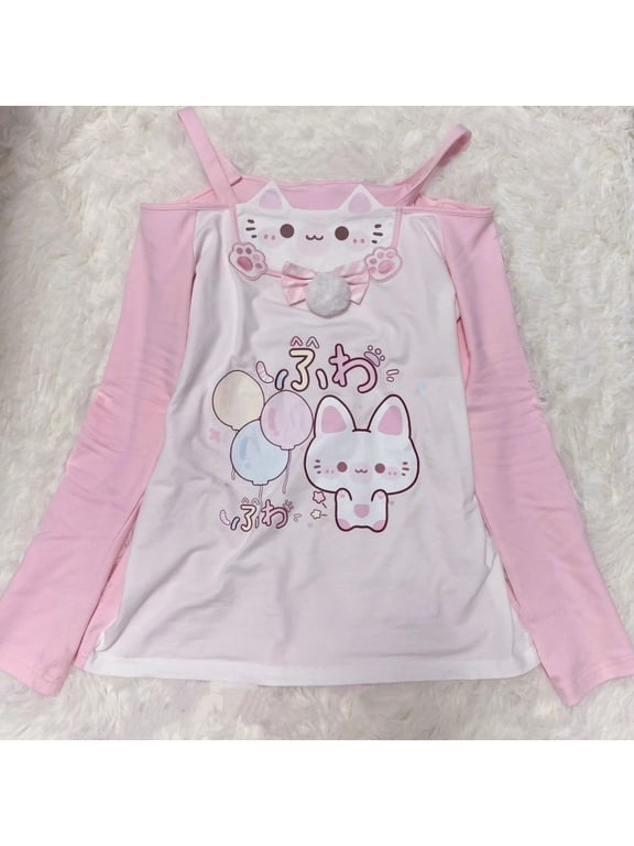 Y2K Cutecore Kawaii Shirt Women Off Shoulder Cartoon Print Top Long Sleeve Halter Neck Cutecore Tops (Pink L)