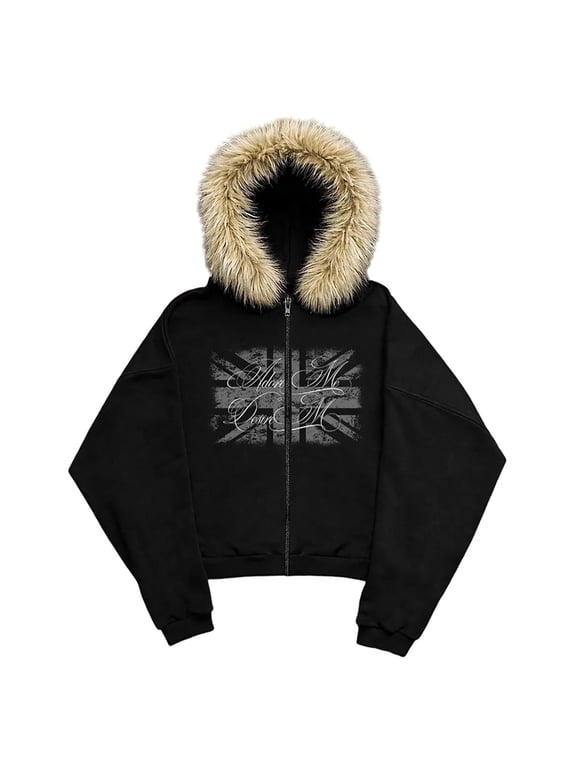 Y2K Emo Grunge Streetwear Jacket Men Oversized Graphic Zip Hoodie With Faux Fur Hood Fall Winter Outer Top 2026
