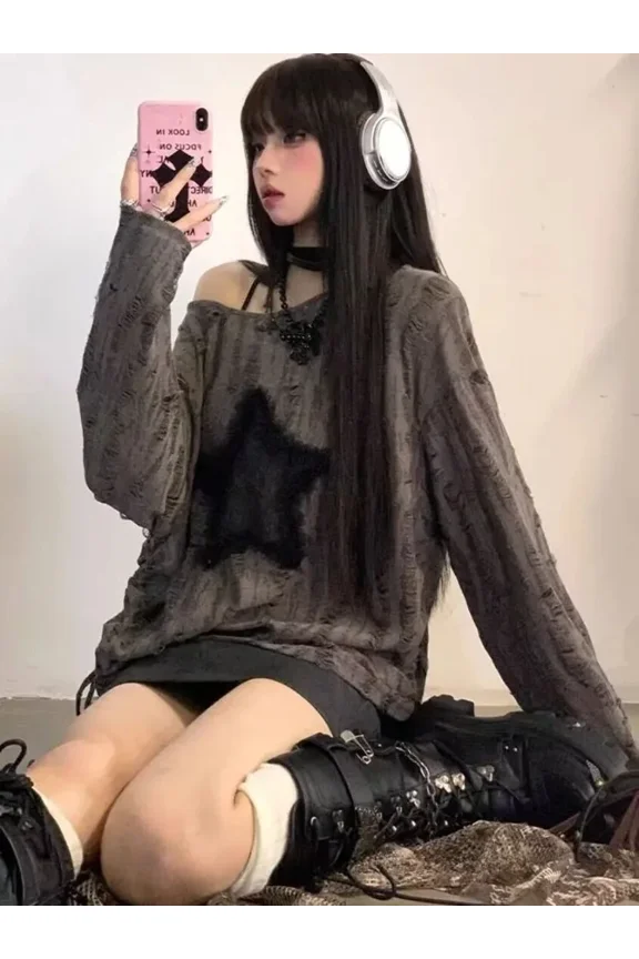 Y2K Emo Vintage Women Korean Streetwear Subculture Acubi Star T Shirts Aesthetic Gothic Grunge Tshirt Tops 2000s Alt Clothes