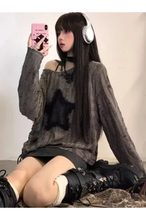 Y2K Emo Vintage Women Korean Streetwear Subculture Acubi Star T Shirts Aesthetic Gothic Grunge Tshirt Tops 2000s Alt Clothes