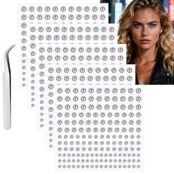Y2K Fake Piercings Set - Silver Stick-On Nose/Lip Studs, Face Gems for Women Men 825PCS