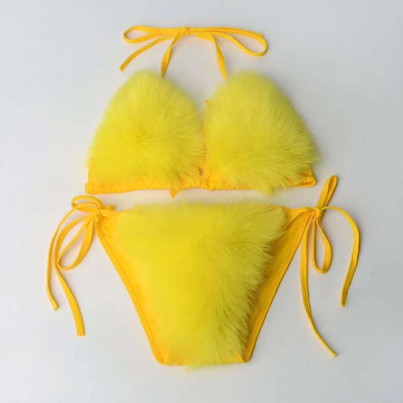 Y2K Fashion Furry 2024 Sexy Women Swimsuit Female Solid Black Micro Fur Bikini Set Push Up Swimwear Swimming Bathing Suit A Great Gift for Valentine'S Day.