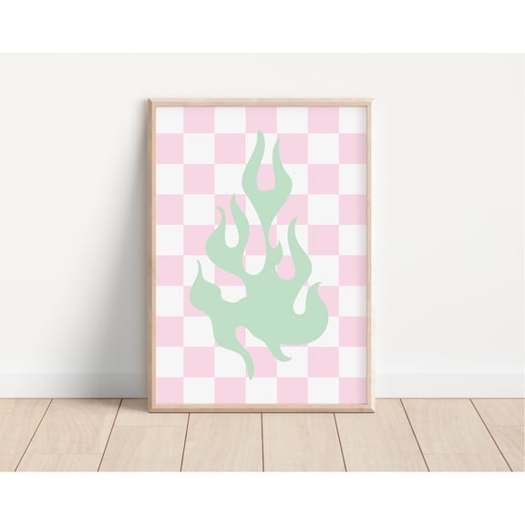 Y2K Flames Print Pink Checkerboard Retro Groovy Art Home Decor Office Wall Art Home Decor Office Wall Art