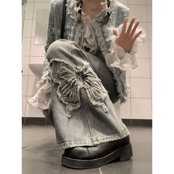 Y2K Flare Jeans Women Butterfly Embroidery Denim Wide Leg Pants Vintage Harajuku High Waist Straight Casual Trousers New