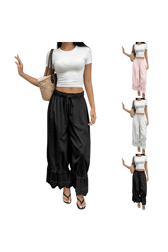 Y2K Flared Palazzo Pants for Women Lace Trim Hem Long Bloomers Elastic Mid Rise Ruffle Pantaloons Cropped Slips Pants Pajama Bottoms Black S