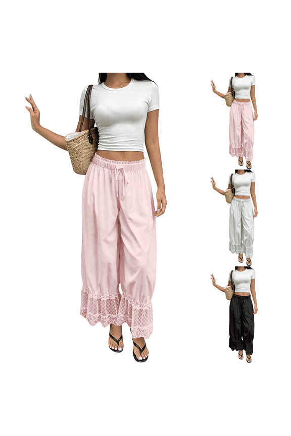 Y2K Flared Palazzo Pants for Women Lace Trim Hem Long Bloomers Elastic Mid Rise Ruffle Pantaloons Cropped Slips Pants Pajama Bottoms Pink S