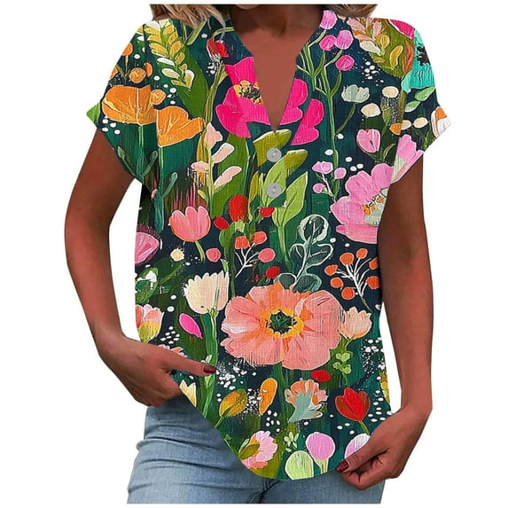 Y2K Floral Henley Top - Short Sleeve Linen Blend Shirt, Summer V-Neck Blouse