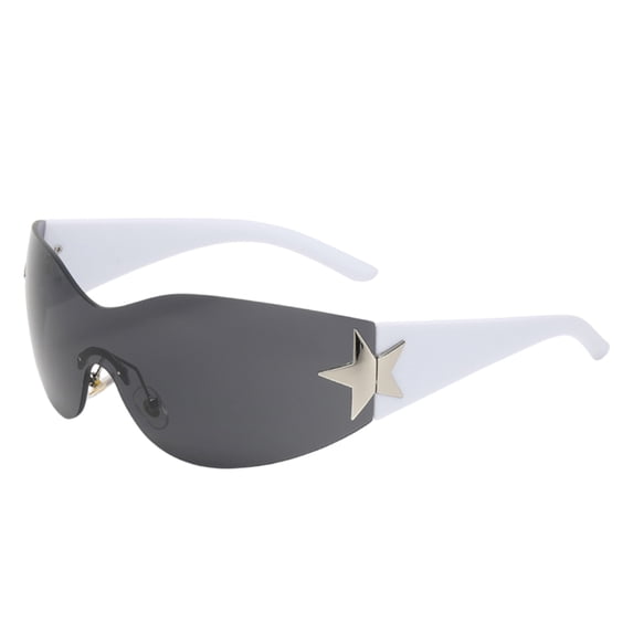 Y2K Frameless One-Piece Wrap-Around Sunglasses Silver Star Ornament UV Protection Lightweight PC Retro 2000s Fashion Shield Shades For Party Daily Street Matching(Grey-14.5cm)