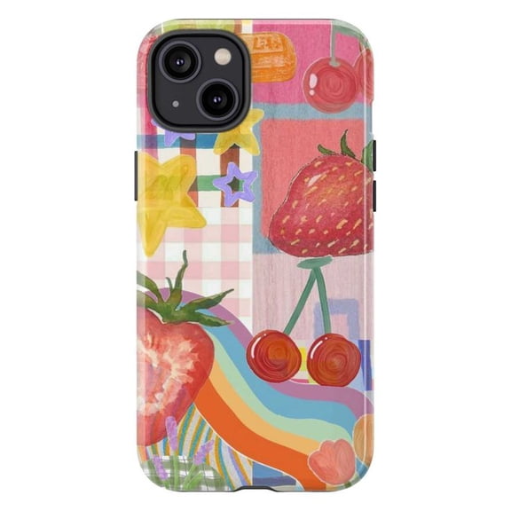 Y2K Fruit Collage iPhone Case – Bright Aesthetic with Stars, Rainbows & Berries Phone Cover for iPhone 16 15 14 13 12 11 Pro Max Mini