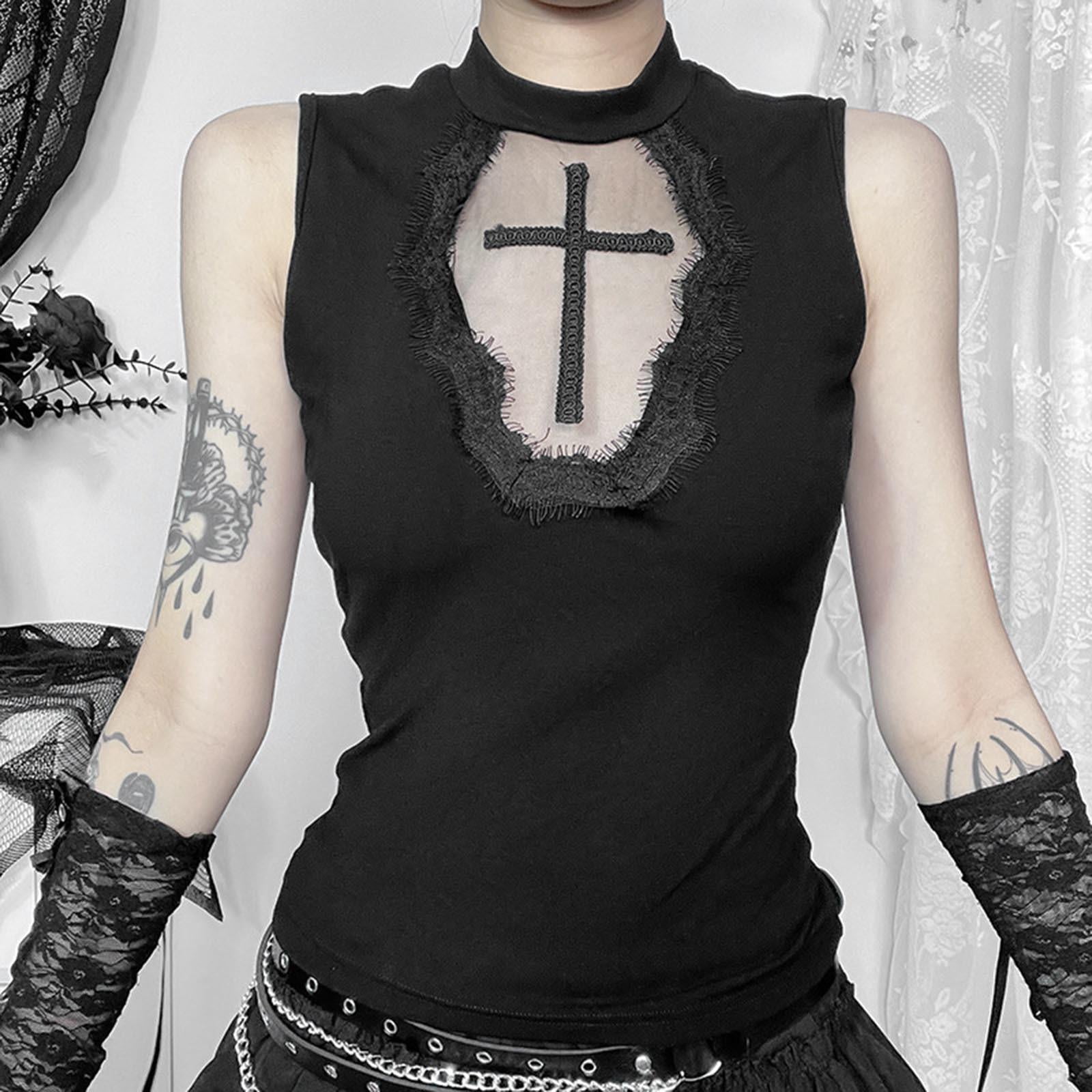 トップス andwang Cross lace tanktop black Y2K Goth Black Cross Sleeveless Basic Tank Tops Sexy Vintage Lace