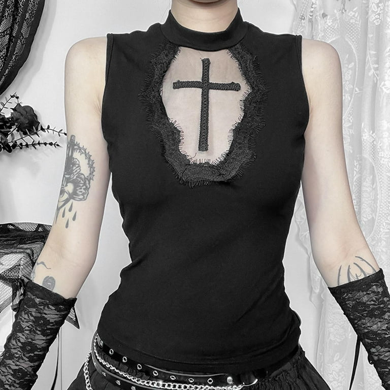 Y2K Goth Black Cross Sleeveless Basic Tank Tops Sexy Vintage Lace