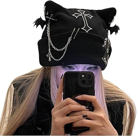 Y2K Goth Beanie Hat with Cat Ears Punk Emo Streetwear Knitted Cap Emo Goth Beanie, Crochet Cat Beanie, Crochet Steampunk Hat  main image 2