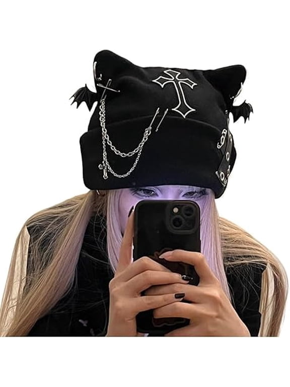 Y2K Goth Cat Ear Beanie for Women Winter Punk Grunge Knit Cap | Gothic Streetwear & Halloween Pick(LR 1 PCS)