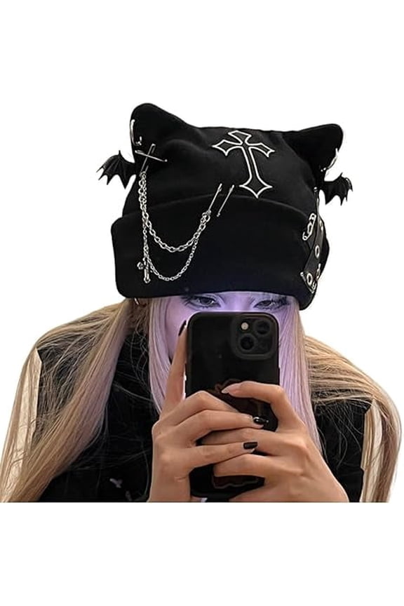 Y2K Goth Cat Ear Beanie for Women – Winter Punk Grunge Knit Cap | Gothic Streetwear & Halloween Pick(LR 1 PCS)