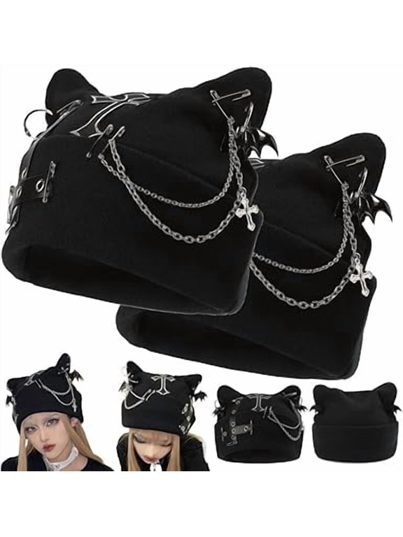 Y2K Goth Cat Ear Beanie for Women Winter Punk Grunge Knit Cap | Gothic Streetwear & Halloween Pick(LR 2 PCS)