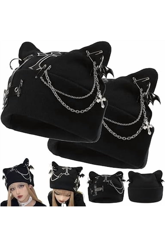 Y2K Goth Cat Ear Beanie for Women Winter Punk Grunge Knit Cap | Gothic Streetwear & Halloween Pick(LR 2 PCS)