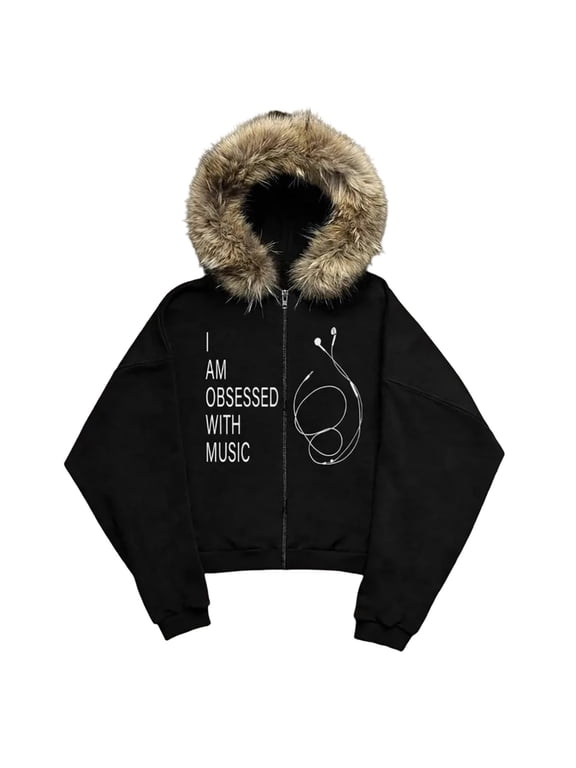 Y2K Goth Zip Up Hooded Jacket For Men With Furry Hood Oversized Graphic Sweatshirt Emo Streetwear Coat Fall Winter