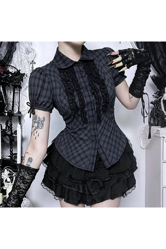 Y2K Gothic Plaid Ruffle Blouse Fitted Short Sleeve Top Streetwear