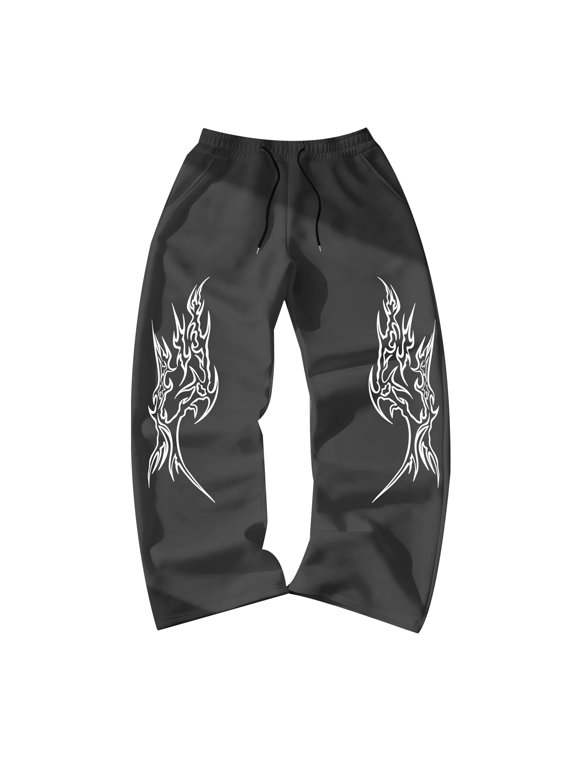 Y2K Gothic Print Baggy Pants for Men, High Waist Drawstring Wide Leg Streetwear, Casual Loose Trousers for Hip Hop & Punk Style