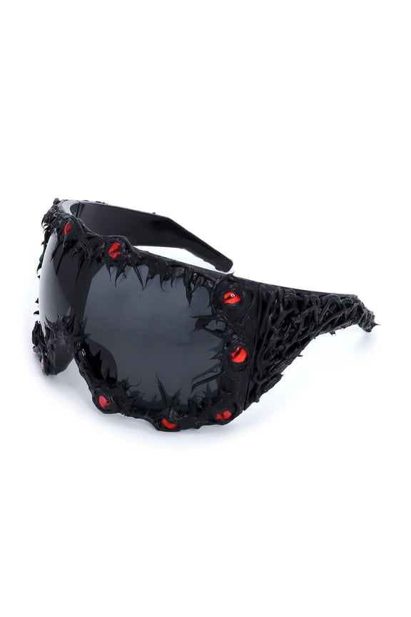 Y2K Gothic Punk Spiked Sunglasses, Oversized Wraparound Shield Glasses with Demon Eye Detail, Cyberpunk Rave & Halloween Cosplay Eyewear for Men Women(Black)