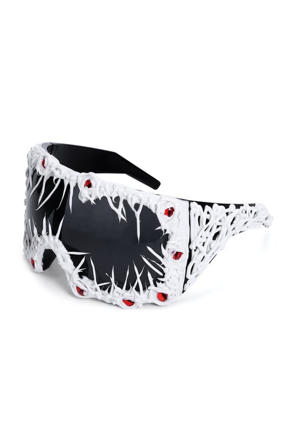 Y2K Gothic Punk Spiked Sunglasses, Oversized Wraparound Shield Glasses with Demon Eye Detail, Cyberpunk Rave & Halloween Cosplay Eyewear for Men Women