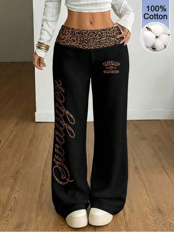 Y2K Graphic Flare Pants Contrast Wide Waistband Printed Trousers for Party Date