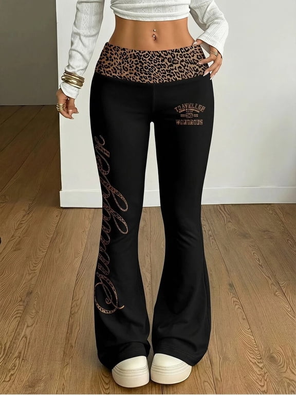 Y2K Graphic Flare Pants Contrast Wide Waistband Printed Trousers for Party Date