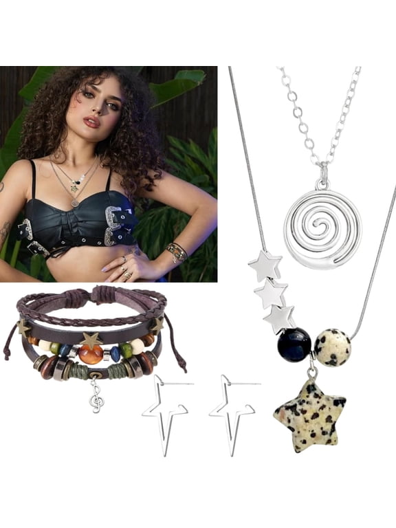Y2K Grunge Jewelry Set Accessories - Spike Star Earrings Dangle, Gothic Swirl Star Necklace, PU Leather Bracelet For Valentine's Day Birthday Gift Punk Emo Accessories