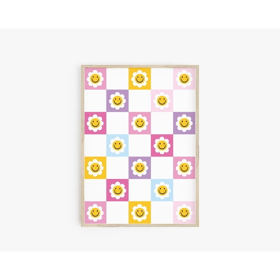 Y2K Happy Face Checkered Smiley Daisy Trendy Dorm Porch Decoration Unframed Paper Print