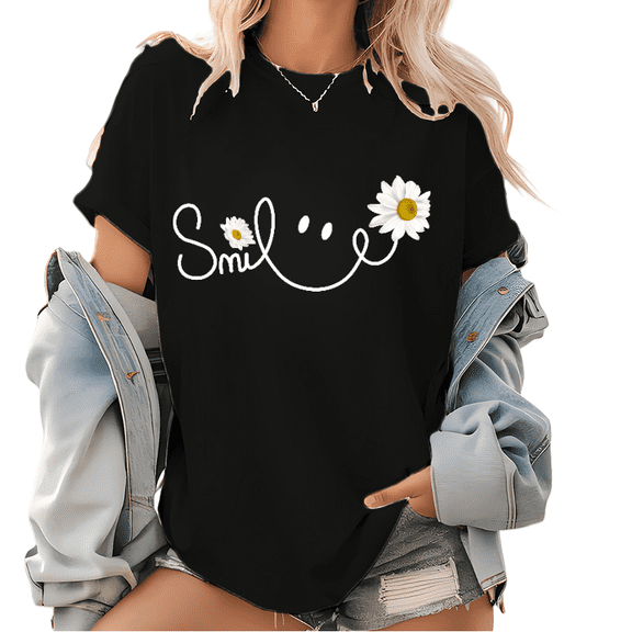 Y2K Happy Vibes Shirt - Smiling Daisy Print Tee, Women's Trendy Summer Blouse