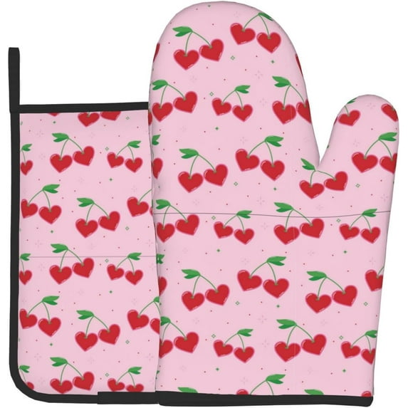 Y2K Heart Cherry Oven Mitts and Pot Holders Sets Hot Pads Heat Resistant Gloves Oven Mitten for Baking Kitchen Bakeware Cooking BBQ