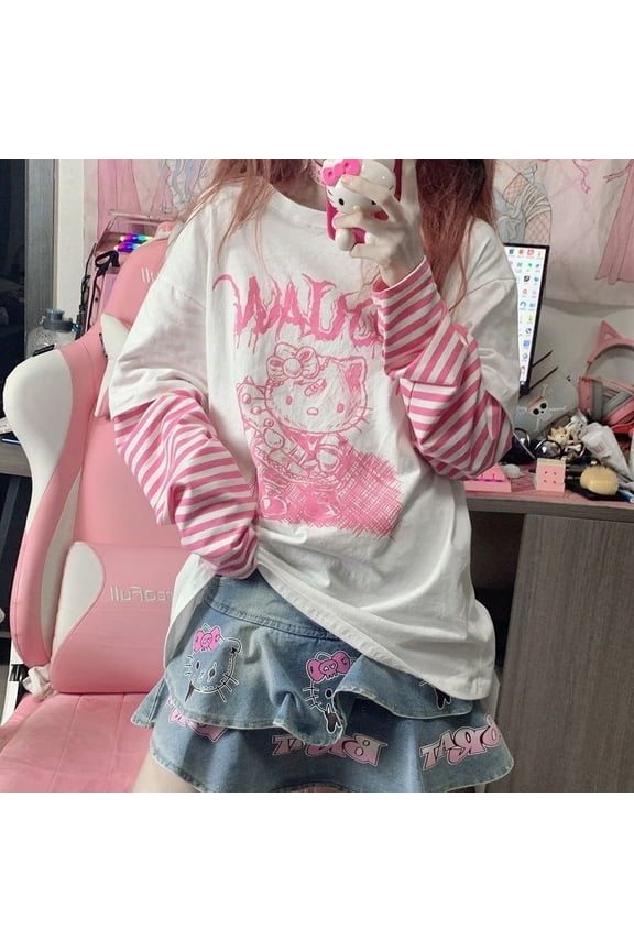 Y2K Hello Kitty Cute T-Shirt Fashion Loose Long Sleeved T-Shirt Trend Gifts