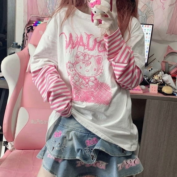 Y2K Hello Kitty Cute T-Shirt Fashion Loose Long Sleeved T-Shirt Trend Gifts