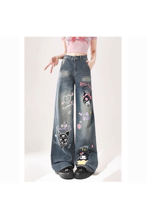 Y2K Hello Kitty Jeans Wide Leg Pants Sanrio Cartoon Women Straight Leg Trousers Cute Retro High Waisted Jeans