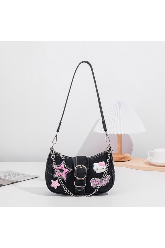 Y2K Hello Kitty Shoulder Bag,Cute Pink Star Embroidered Baguette Bag, Vintage Aesthetic Chain Crossbody Purse for Women